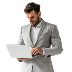 Confident Male Entrepreneur Analyzing Report Over a Laptop. Stylish Business Attire, Standing Against a Clean . Cyber. Isolated on a Transparent Background. Cutout PNG.