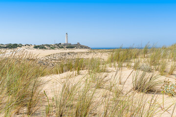 Faro Cabo de Trafalgar, Monumento Natural Tombolo de Trafalgar, Cabo de Trafalgar, Barbate,...