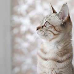 A curious tabby cat gazes out a window, its fur blending with the snowy backdrop.