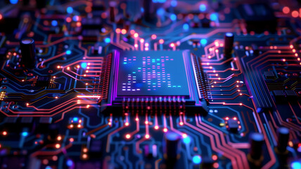 Obraz premium Technologically advanced chip on a modern motherboard with integrated circuits and cyber effects