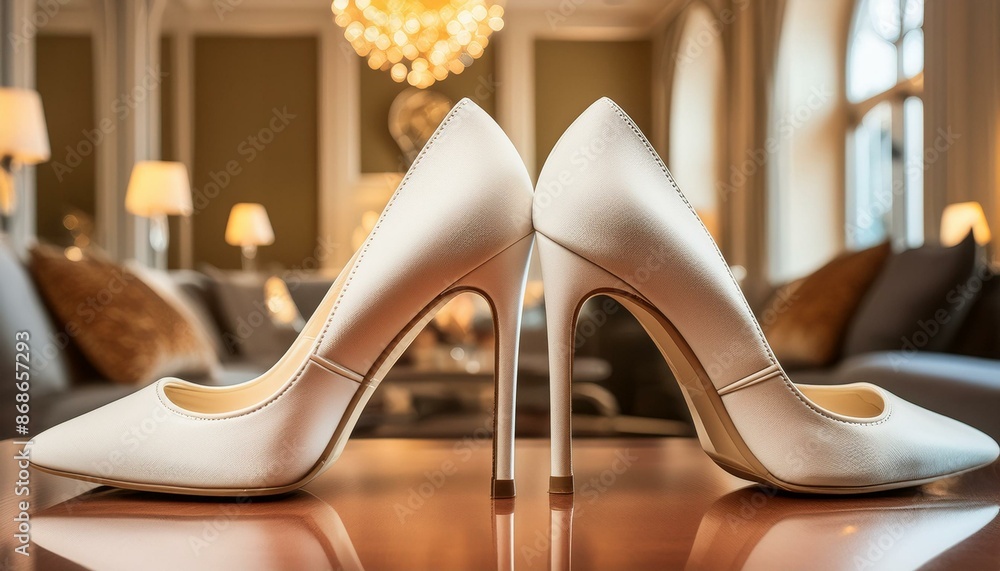 Wall mural White heel shoes on table for wedding, dinner party, fancy events. Elegant room background