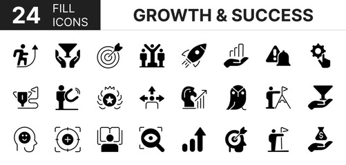 Collection of 24 Growth and success fill icons featuring editable strokes. These outline icons depict various modes of Growth and success, development, business, team, management, creative, 