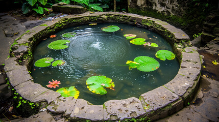 Circular pond with lily pads and serene surroundings.