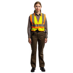 Fototapeta premium Fulllength Portrait of a Female Security Officer in a Safety Vest Showcasing Confident Posture Reflective Vest and Uniform for Public Security. Isolated on a Transparent Background. Cutout PNG.