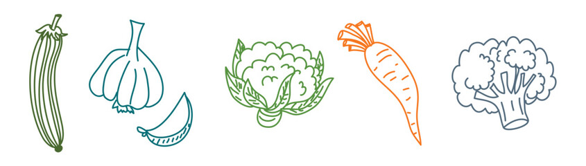 Vegetables Icons in Color Sketch Vector Set.