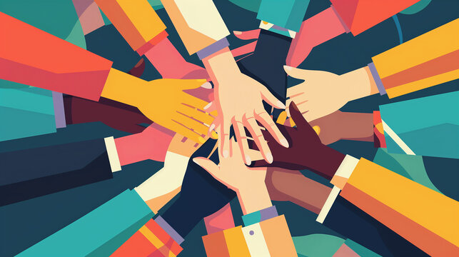Diverse hands coming together in a unity gesture.