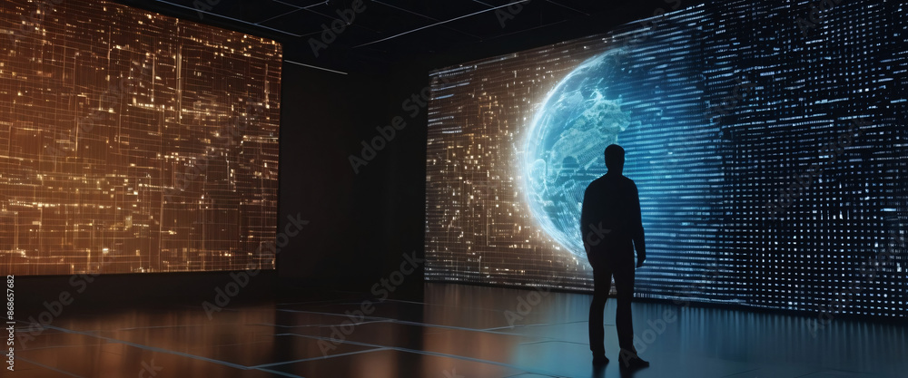 Poster a silhouette of a person standing in front of a giant digital screen with a flow of data showing var