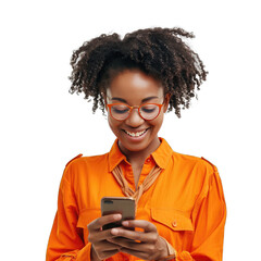 Happy Black Woman in Glasses Browsing the Internet. Millennial Using a Smartphone - Cyber. Isolated on a Transparent Background. Cutout PNG.
