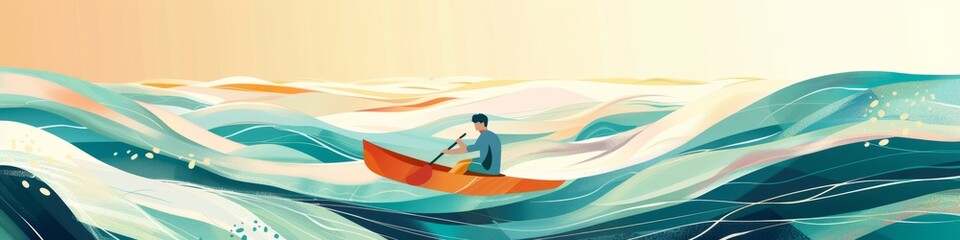 Abstract Illustration of a Person Canoeing Across the Vast Ocean, Surreal Concept of Loneliness, Freedom, and Inclusion, AI-Generated High-Resolution Wallpaper in Teal and Red Hues，Loneliness, toleran