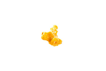 Delicious cheesy popcorn isolated on white background. Cinema and entertainment concept. Movie night with popcorn. Cheese and caramel popcorn. Delicious appetizer, snack. Banner