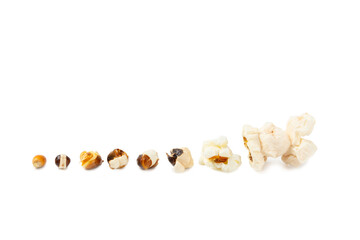 Delicious popcorn isolated on white background. Cinema and entertainment concept. Movie night with popcorn. Cheese and caramel popcorn. Delicious appetizer, snack. Banner