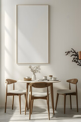 Scandinavian simple interior design living room, dining room with empty poster mockup on the wall
