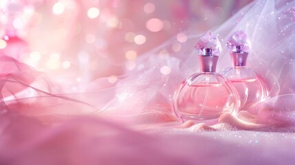 Fototapeta premium Elegant Pink Perfume Bottles placed on Silky Fabric, creating an Ambience with a Soft Glow