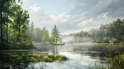 Obraz premium Beautiful scene with a lake in a woodland and an overcast sky very detailed and realistic shape