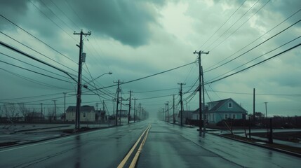 A deserted street with power lines under a stormy sky.  The road is wet from recent rain.