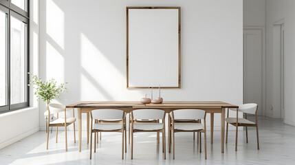 Scandinavian simple interior design living room, dining room with empty poster mockup on the wall