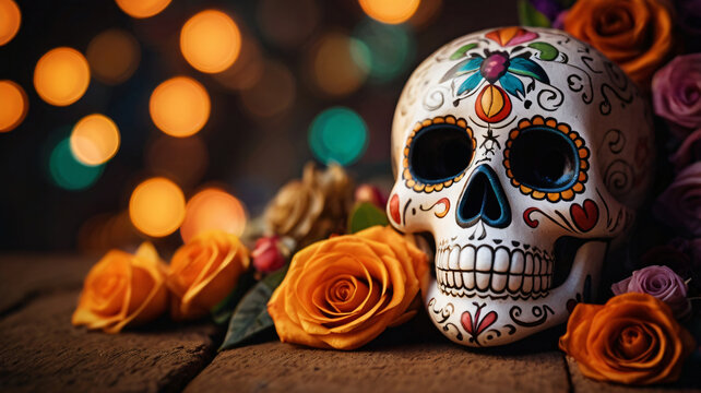 Dia De Los Muertos celebration background. Sugar Skull, marigolds or cempasuchil flowers.