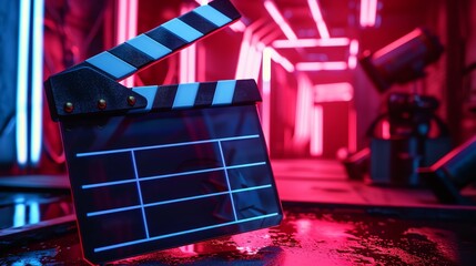 Sci-Fi movie set, holographic clapper board, neon lit background, advanced film technology