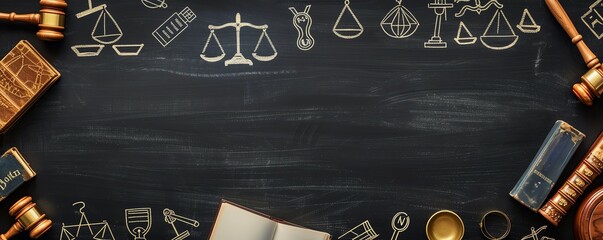 Abstract image of a classic blackboard covered in legal symbols such as scales, gavels, and books, representing the fundamental elements of law