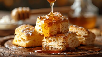 Homemade buttery biscuits are fresh out of the oven, ready to be enjoyed with a drizzle of honey.
