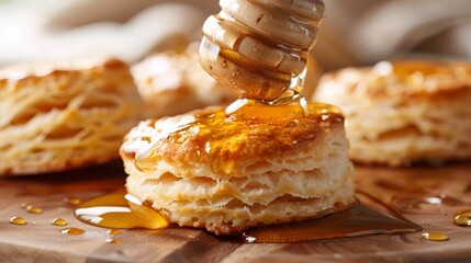 Homemade buttery biscuits are fresh out of the oven, ready to be enjoyed with a drizzle of honey.