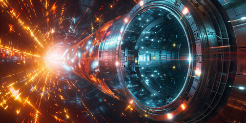 A dimly lit industrial tunnel with a large, glowing metal pipe running down its center