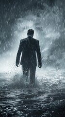 Obraz premium Abstract Illustration of a Soaked Businessman Walking into Water, Surreal Concept of Business Failure, Sadness, Self-Healing, and Solitude, AI-Generated High-Resolution Wallpaper in Teal and Red Hues