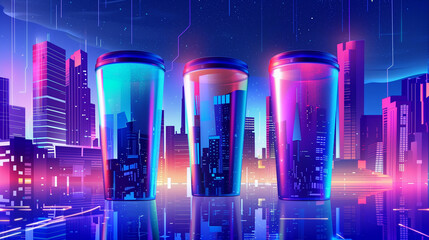 A banner showing modern carbonated drinks in a neon metropolis with holographic elements, created for effective advertising.