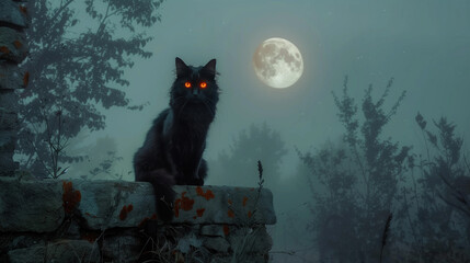 A black cat with a mystical appearance, with a glow in its eyes, on a stone wall under the full moon in a mysterious, foggy cemetery landscape.