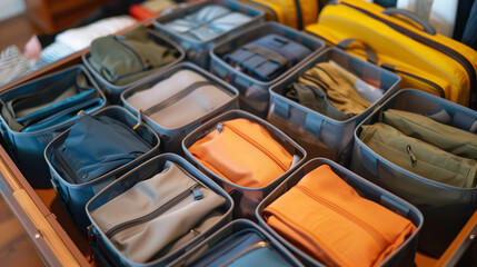 Fototapeta premium Stylish and functional packing cubes: travel essentials neatly organized in your suitcase for efficient packing.