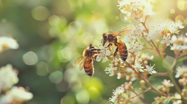 Honey bees gather pollen and sugary nectar from tiny white flowers on a spirea plant.