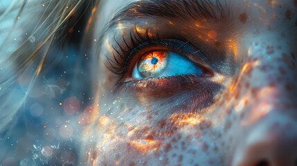 Naklejka premium A close-up of a person's eye reflecting vibrant colors and cosmic patterns, with ethereal light effects and a dreamy atmosphere