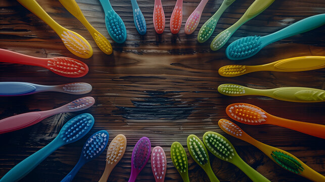 Colorful manual toothbrushes arranged in a vivid, round form on a wooden surface, perfect for graphic designs.
