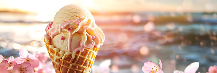 Banner with ice cream in a waffle cone on a summer day.