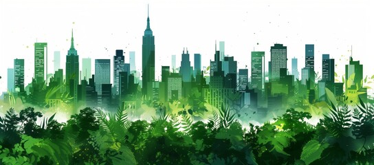 A modern city skyline made of abstract green shapes