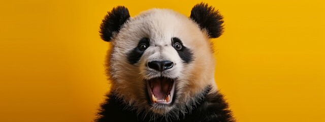 Obraz premium A panda looks into the camera with its mouth open on a yellow background