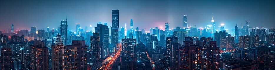 Obraz premium A panoramic view of the city skyline at night, with towering skyscrapers illuminated by street lights