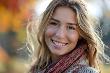 Fototapeta premium Smiling Caucasian woman enjoying a sunny day outdoors