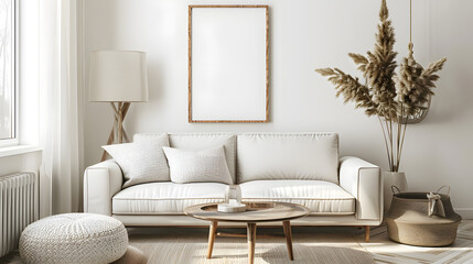 Scandinavian simple interior design living room, dining room with empty poster mockup on the wall