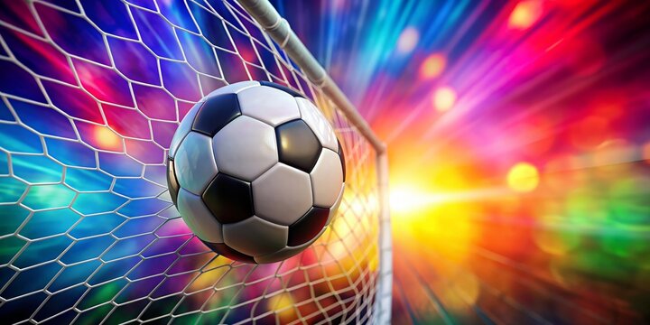 Fototapeta A close-up shot of a soccer ball going into the net with a colorful blurred background of lights. - soccer, football, ball, net, goal, sport, game, play, competition, colorful
