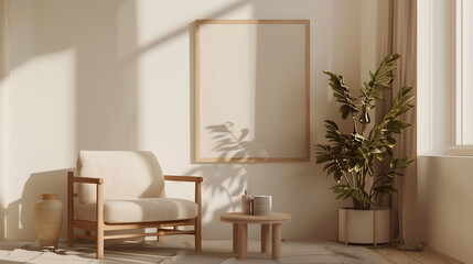 Scandinavian simple interior design living room, dining room with empty poster mockup on the wall