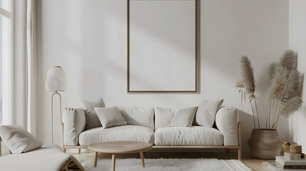 Scandinavian simple interior design living room, dining room with empty poster mockup on the wall