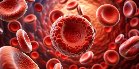 A microscopic image of a red blood cell surrounded by others in the bloodstream. The detailed 3D  reveals the intricate structure of a single cell. - blood, cell, red, bloodstream, microscope, microsc