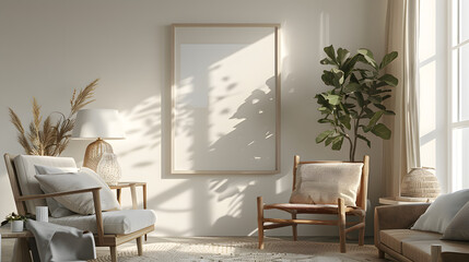 Scandinavian simple interior design living room, dining room with empty poster mockup on the wall