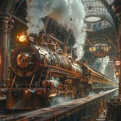 Obraz premium Steampunk Train Refueling at Industrial Station with Gears and Pipes - Creative Illustration of Metallic Tones