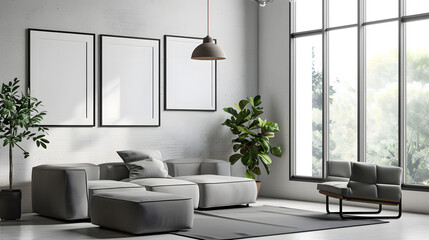 Modern interior design living room, dining room with empty poster mockup on the wall