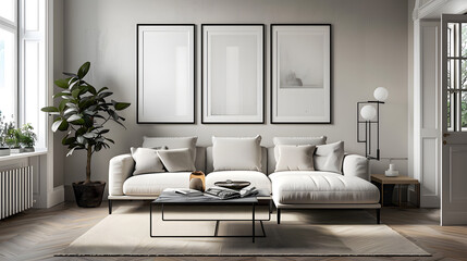 Modern interior design living room, dining room with empty poster mockup on the wall