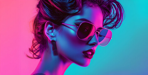 Obraz premium A stylish woman with large glasses is illuminated by vibrant pink and blue neon lights. The futuristic setting highlights her sharp features and confident expression, creating a modern aesthetic