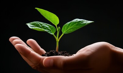 hand holding young plant against black background, green sprout in palm symbolizing new beginnings, growth, and healthy lifestyle, high resolution photography