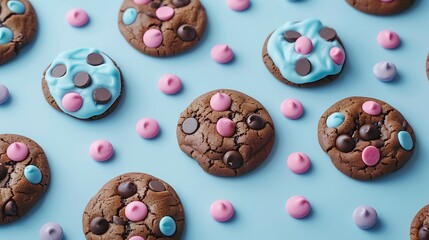 Fototapeta premium Chocolate chip with pink and blue cookies in a aqua background very detailed and realistic shape